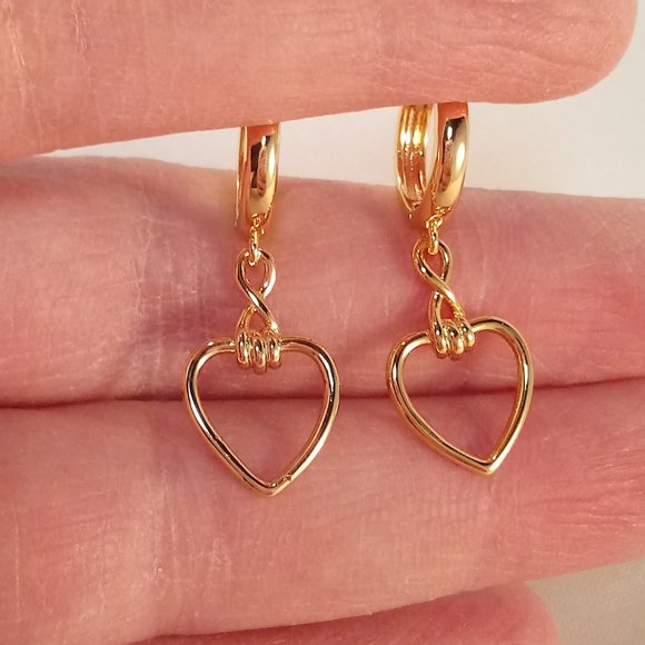 18K Yellow Gold Filled Hollow Heart Shape Love Infinity Dangle Earrings - Picture 1 of 4